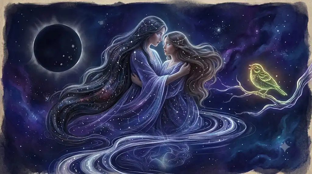 双子座の抱き合うシルエット、静かな太陽、ホオジロを描いた幻想的なアイキャッチ画像