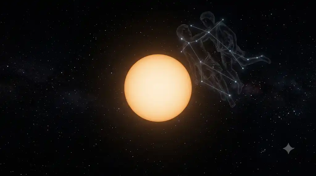黒点がなく静まり返った太陽と、遠くに浮かぶ双子座のシルエットを描いた宇宙画像