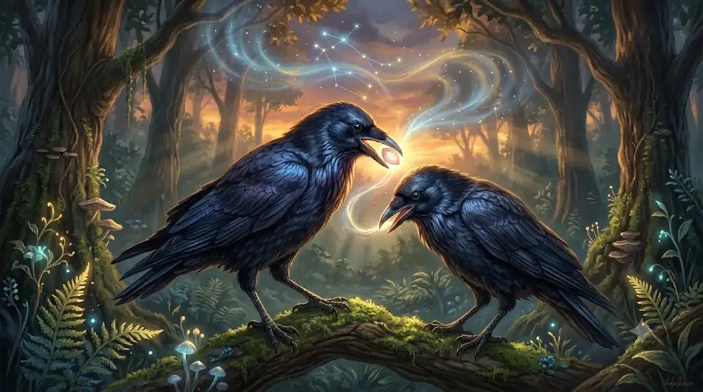 若いカラスが自分で見つけた技を仲間に伝える様子を描いた、双子座の好奇心を象徴する幻想的なイラスト