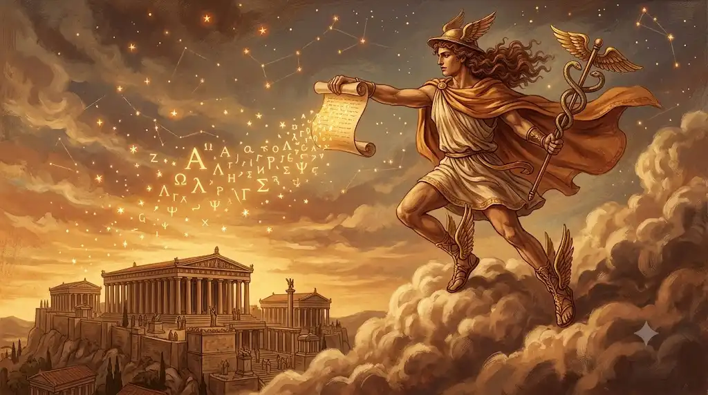天と地をつなぐ神の使者ヘルメスを描いた古代ギリシャ神話の幻想イラスト