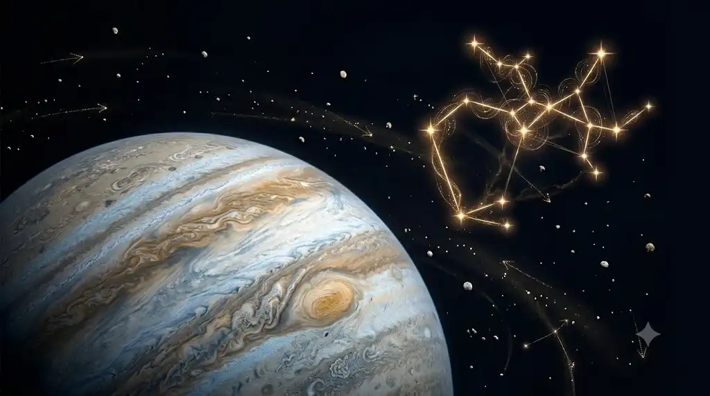115個の衛星を引き連れた木星と、微かに輝く射手座の星々を描いた科学的な宇宙画像