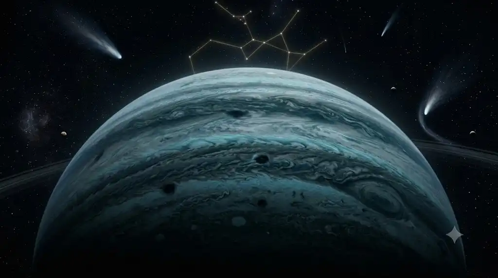 地球の318倍の質量で彗星の衝突を受け止める木星の重力の盾を描いた宇宙画像