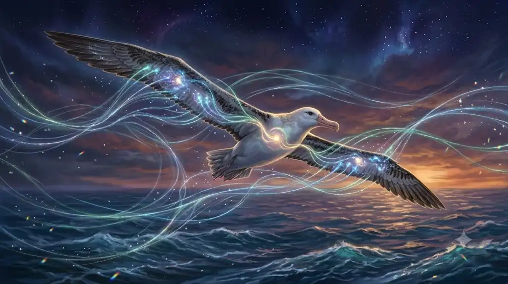 風のわずかな変化を翼全体で感知し、推進力に変換して滑空するアホウドリの神秘的なイラスト