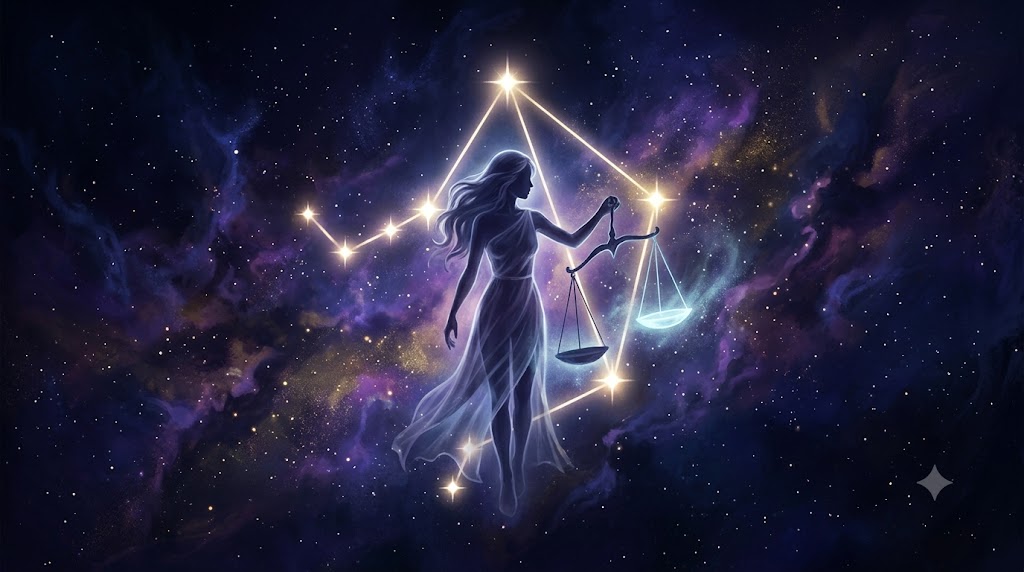 天秤座の星座と、一人の時間が苦手な女性を幻想的なイラストで描いたアイキャッチ画像