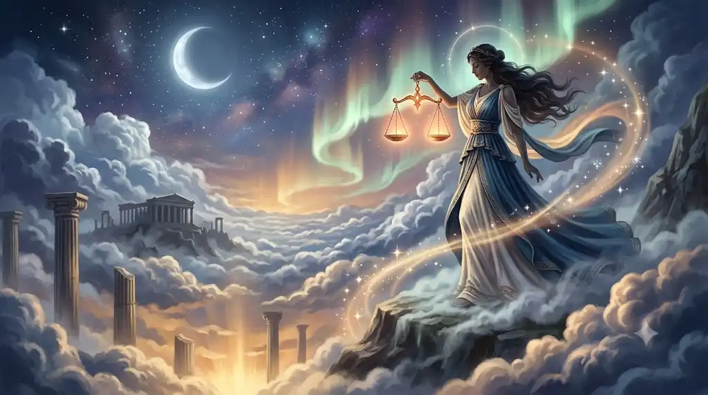 雲海の上で黄金の天秤を掲げる正義の女神アストライアの幻想的な古代ギリシャ神話イラスト