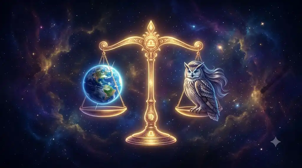 天秤座の秤に地球とフクロウが乗った幻想的なアイキャッチ画像