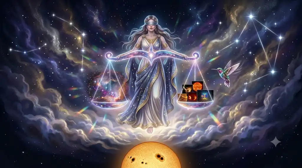 天秤座、下降期の太陽、神話の女神、ハチドリを描いた幻想的なアイキャッチ画像