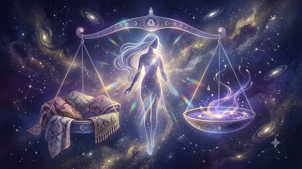 天秤座の美しいシルエットと宇宙の天秤を幻想的に描いたアイキャッチ画像