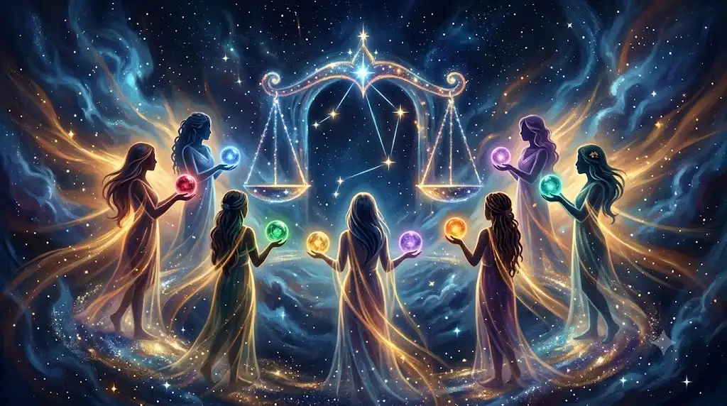 天秤座の天秤と、それを囲む複数の女性シルエットを幻想的に描いたアイキャッチ画像