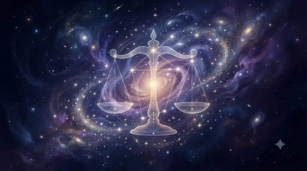 天秤座の象徴である天秤と美しい星雲を幻想的に描いたアイキャッチ画像