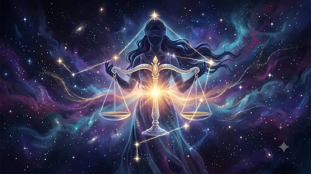 天秤座の星座と正義の女神の秤を幻想的に描いたアイキャッチ画像