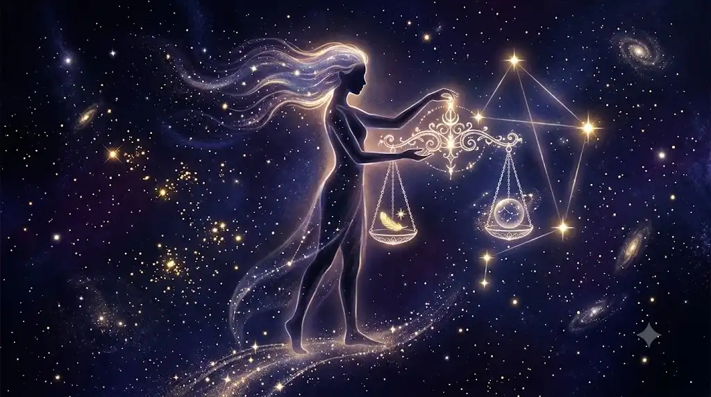 天秤座の星座と天秤を持つシルエットを幻想的に描いたアイキャッチ画像