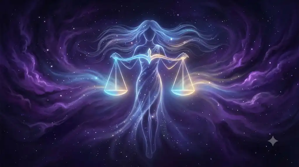 天秤座の女神が混沌とした宇宙をなだめ、均衡を整える幻想的なイラスト