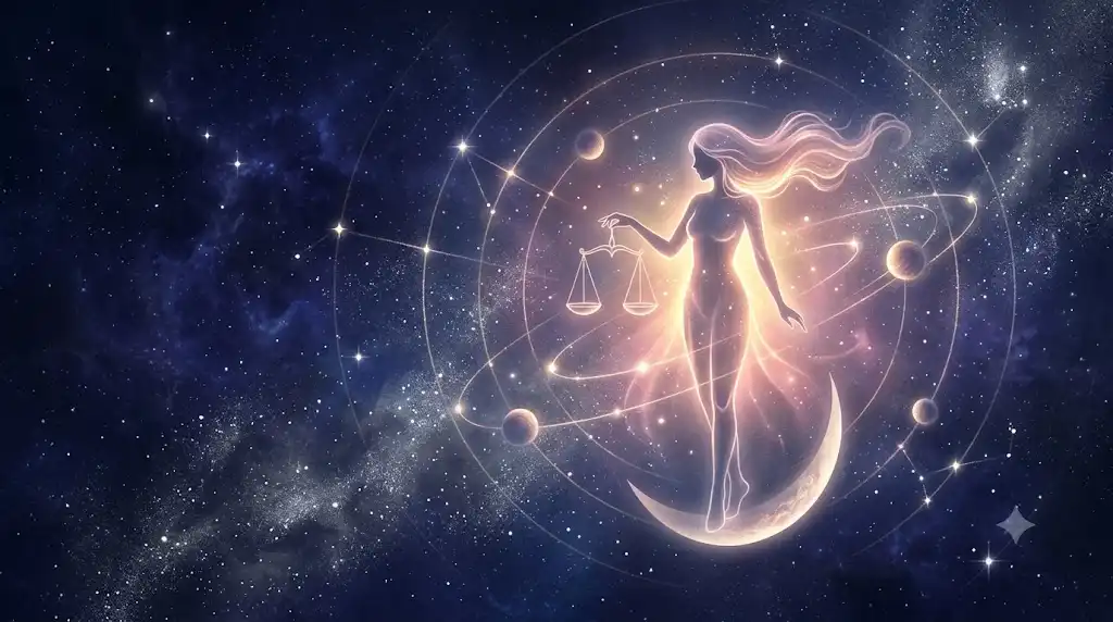 天秤座の星座と金星の引力を幻想的なイラストで描いたアイキャッチ画像