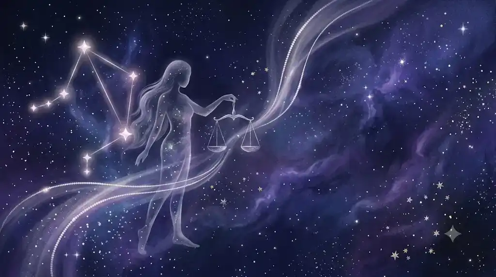 天秤座の星座と宇宙の天秤を優雅に持つシルエットを幻想的に描いたアイキャッチ画像