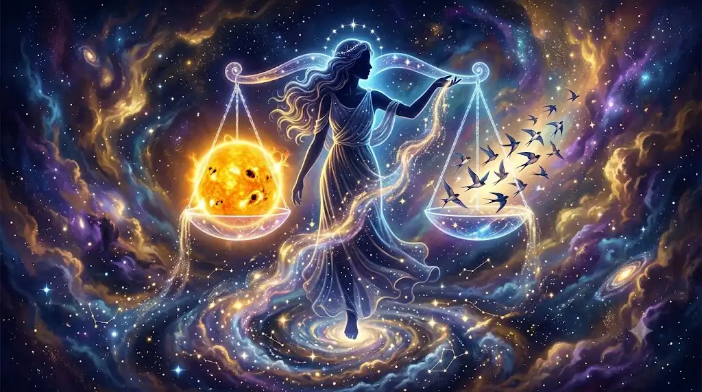 太陽活動の上昇期と天秤座の女神、ツバメを描いた幻想的なアイキャッチ