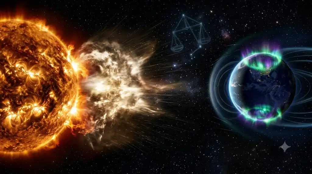 極大期の太陽フレアと地球のオーロラ、背景にうっすらと浮かぶ天秤座の宇宙画像