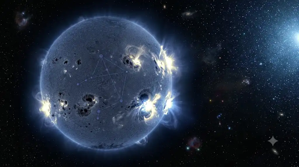 下降期の太陽活動と天秤座の紋章が重なる科学的な宇宙画像