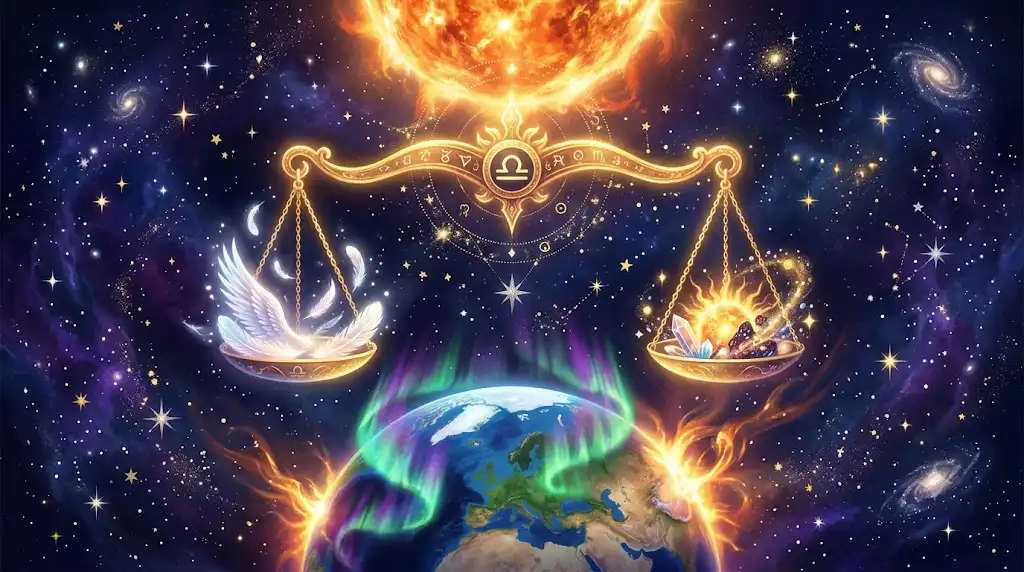 太陽極大期のオーロラと天秤座の天秤、アホウドリの翼を描いた幻想的なアイキャッチ画像