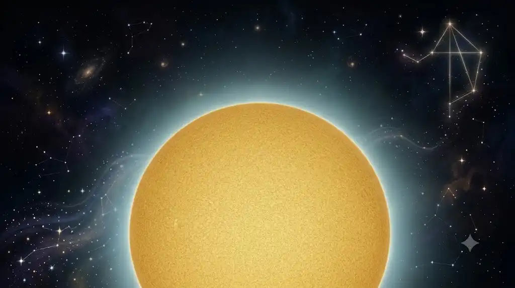 太陽黒点が消え静まり返る極小期の太陽と、背景に微かに浮かぶ天秤座の星々