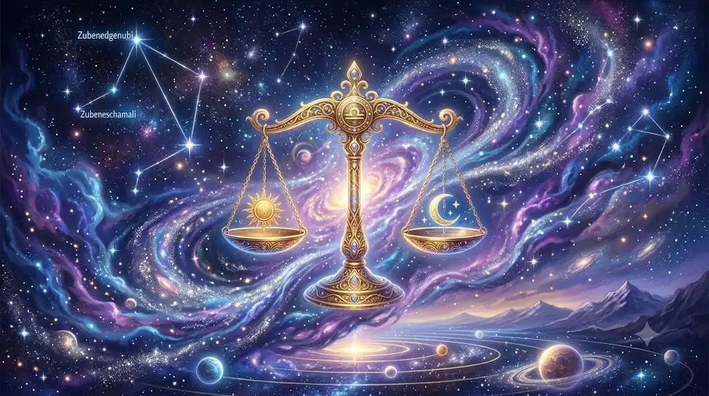宇宙に浮かぶ黄金の天秤と星座線を描いた幻想的なアイキャッチ