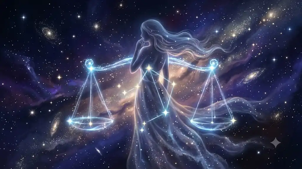 天秤座の星座と本音を隠す女性の幻想的なイラストアイキャッチ