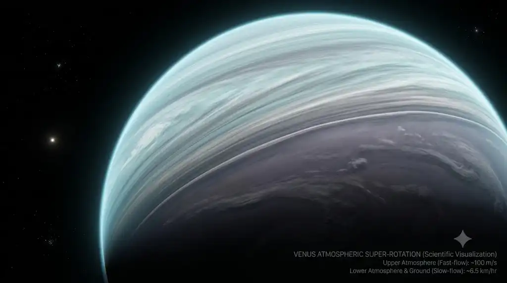 猛烈な速度差がありながら摩擦を起こさない金星の大気構造を描いた宇宙科学画像