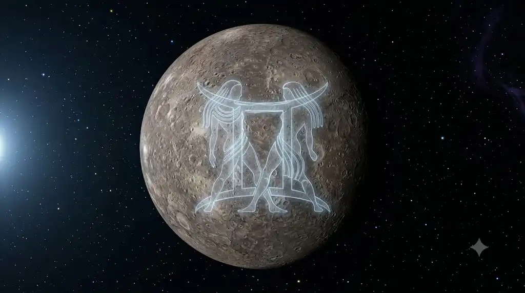 自転軸がほぼ0度で全方位から光を受ける水星と双子座のシンボルを描いた宇宙画像