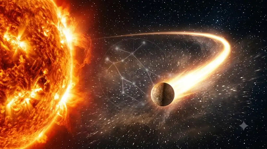 太陽に近接し秒速47kmで公転する水星と背後に浮かぶ双子座の幾何学模様