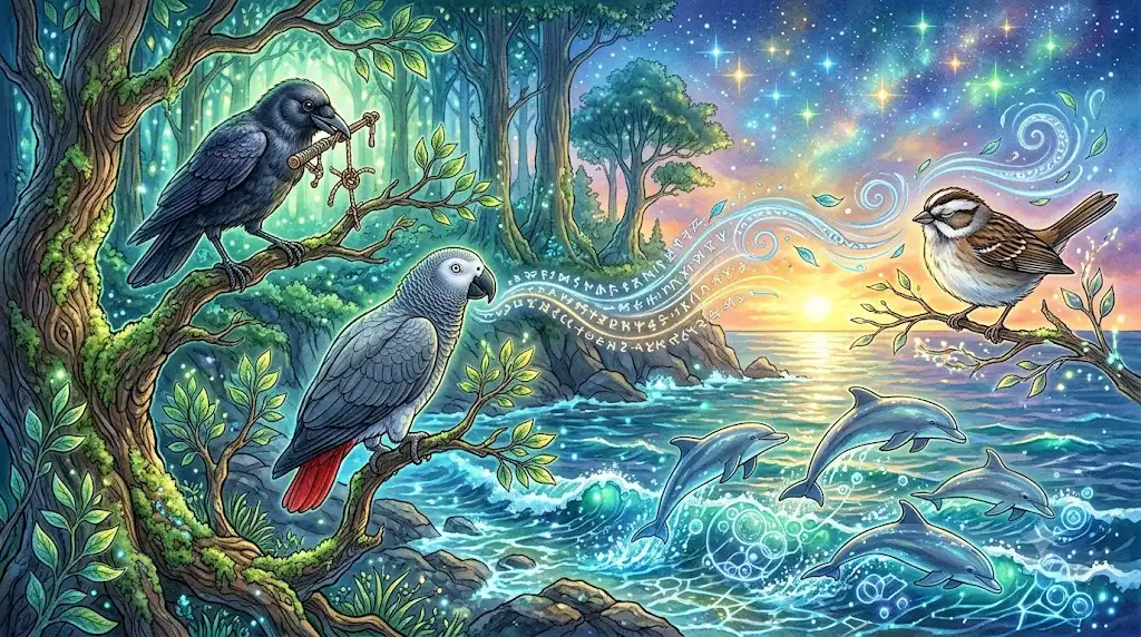 幻想的で神秘的な森と海の風景。左上には枝に留まり小さな木の道具を持つ黒いカラス、その下には枝に留まり口から光る古代のルーン文字の列を出すアフリカン・グレー・パロット(ヨウム)、右下の海には青く光る気泡の模様を作るイルカの群れ、右上の枝には風の流れを感じているホオジロが描かれている。全体が緑、青、金、銀の神秘的な光に包まれ、夜空には無数の星が輝いている。細かいディテールまで描かれた、複雑で美しいイラストレーション。