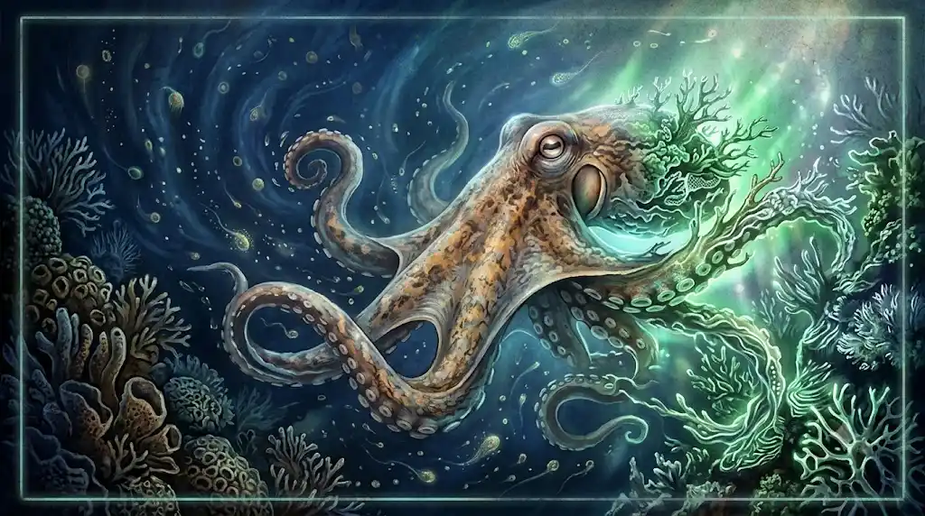 深海で周囲の環境に合わせて自在に姿を変えるタコの神秘的なクローズアップイラスト