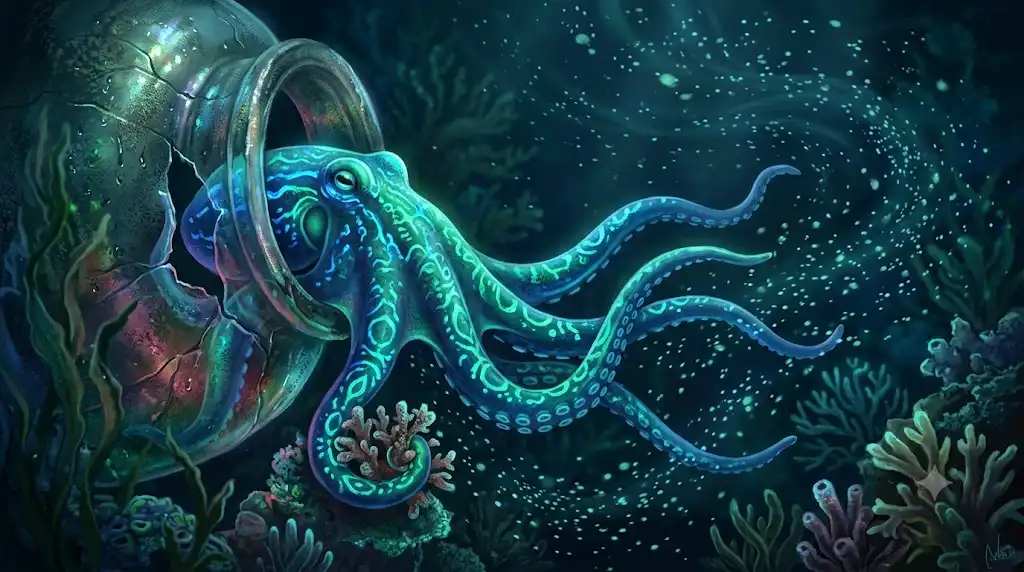神秘的な深海で枠から静かに抜け出すタコの驚異的な柔軟性を描いたイラスト