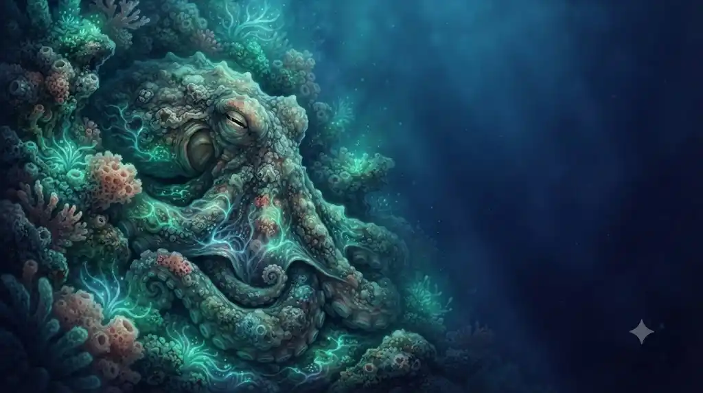 深海のサンゴ礁に完璧に擬態して姿を隠す、神秘的な光を放つタコのイラスト