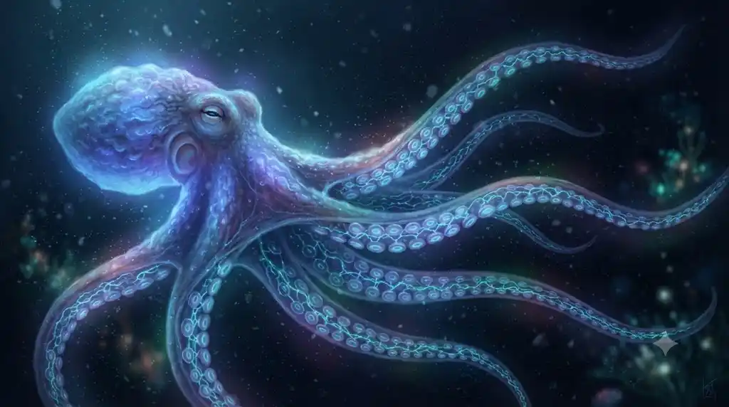 8本の腕がそれぞれ独立して発光し、深く神秘的な海を泳ぐタコの幻想的なイラスト