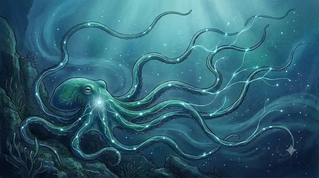 深海で8本の腕に神経を分散させて静かに佇むタコの神秘的なイラスト