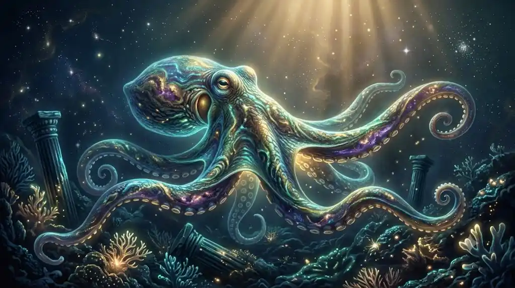 深海で神秘的な光を放ちながら単独で行動するタコを描いた幻想的なイラスト