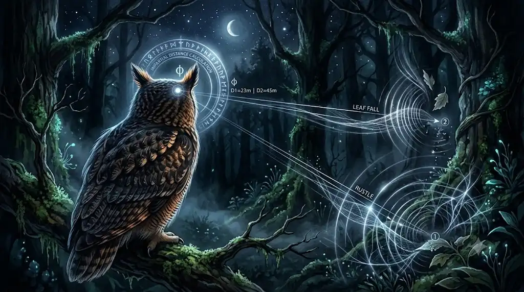 暗闇で音の情報だけを頼りに公平に距離を測るフクロウの幻想イラスト