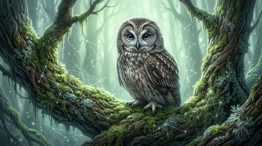 静寂の中でじっと一点を見つめ、周囲に安心感を与えるフクロウの幻想イラスト