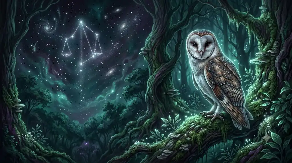 静寂の夜に佇むフクロウと、その頭上の夜空に微かに光る天秤座の星座