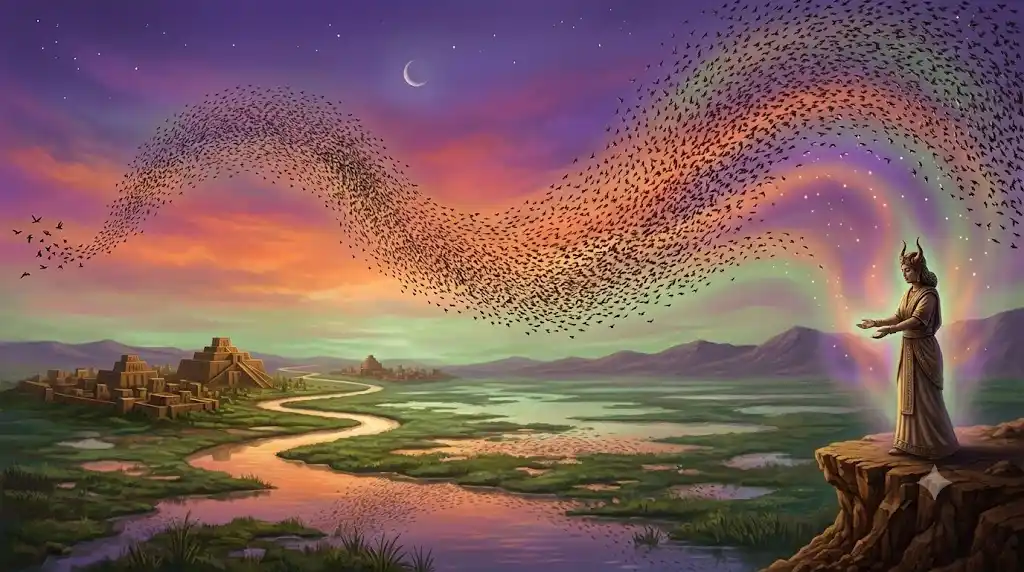 夕暮れの空にムクドリの大群が連鎖的に方向を変えながら飛ぶ神秘的なイラスト