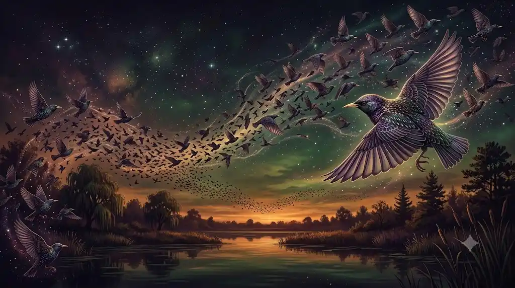 夕暮れの湿地帯の上空を群れて飛ぶムクドリの神秘的なクローズアップイラスト