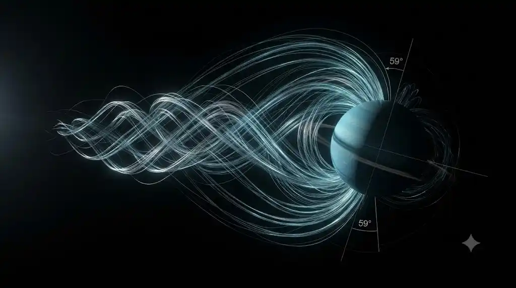 自転軸から大きく傾き、内部で複雑にねじれ合う天王星の磁場を描いた宇宙の科学的画像