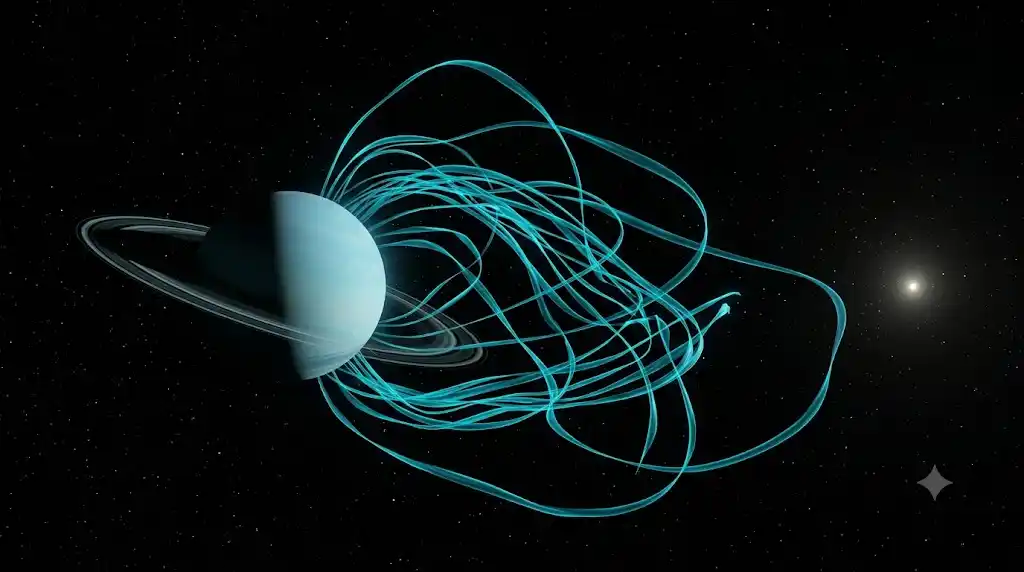 中心から大きくずれてねじれた天王星の磁場を科学的に表現した宇宙空間の画像