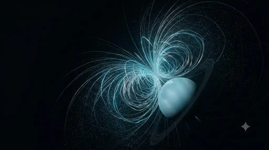 中心から大きくずれた位置から非対称に広がる天王星の磁場を描いた宇宙の科学データ画像
