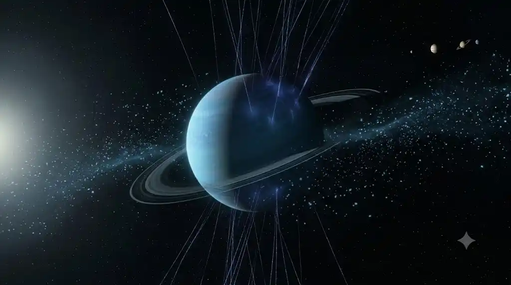 横倒しの天王星と、増加する宇宙線を表す科学的な宇宙画像