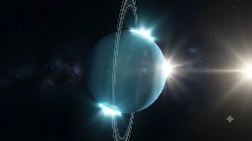 太陽の光を浴びながら97.77度横倒しの軸で独立して自転する天王星の宇宙写真風画像