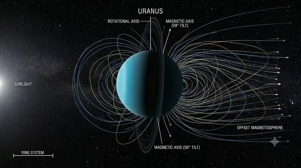 97.77度横倒しに自転する天王星とオフセットされた磁場の科学的画像