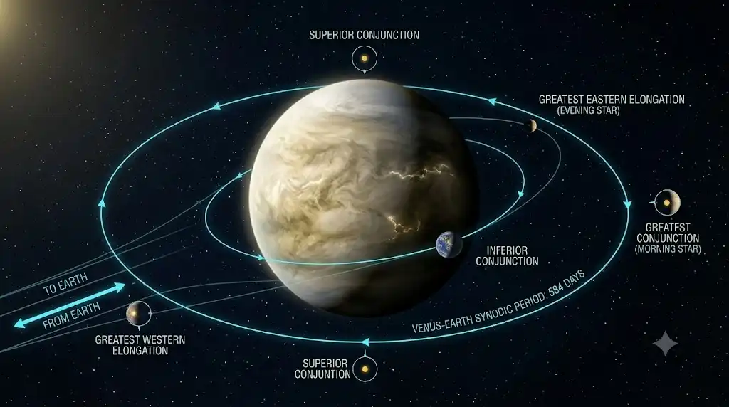 地球との位置関係で「明けの明星」「宵の明星」と見え方が変わる金星の軌道イメージ