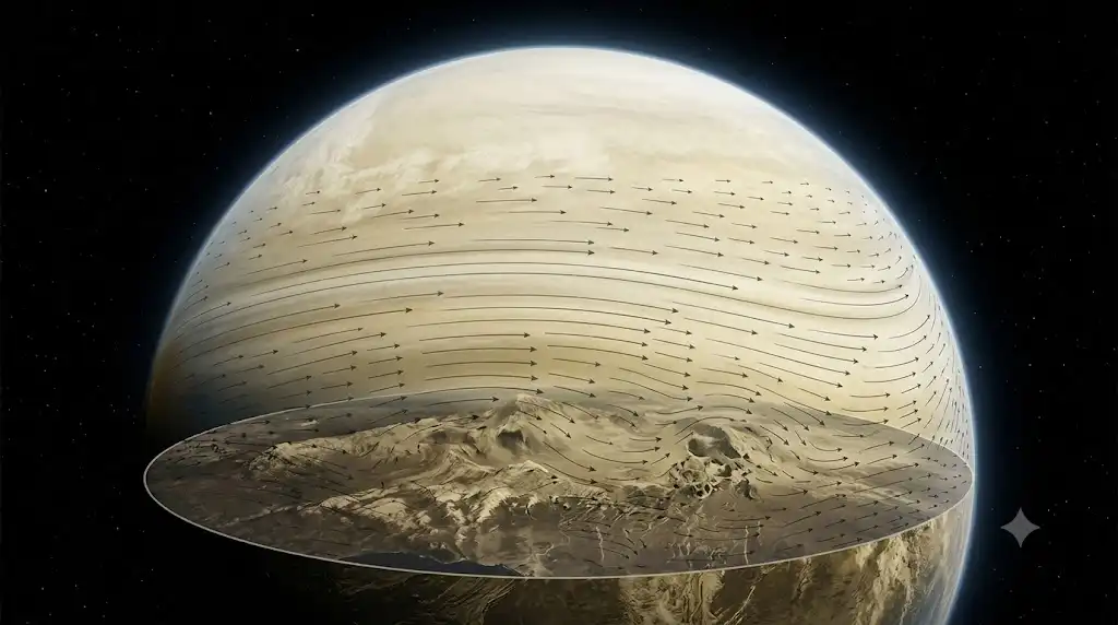 地表の凹凸に関わらず金星全体を均一に覆い、ならす大気循環の科学的画像