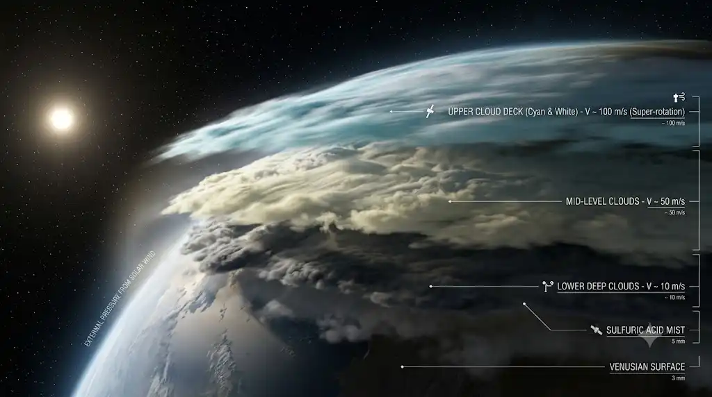 高度ごとに異なる速度で流れる金星の多層的な雲を描いた宇宙画像
